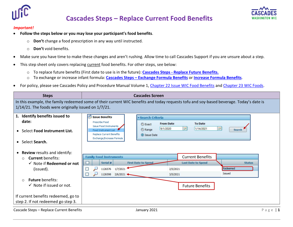 Cascades Steps – Replace Current Food Benefits Important! • Follow the Steps Below Or You May Lose Your Participant’S Food Benefits