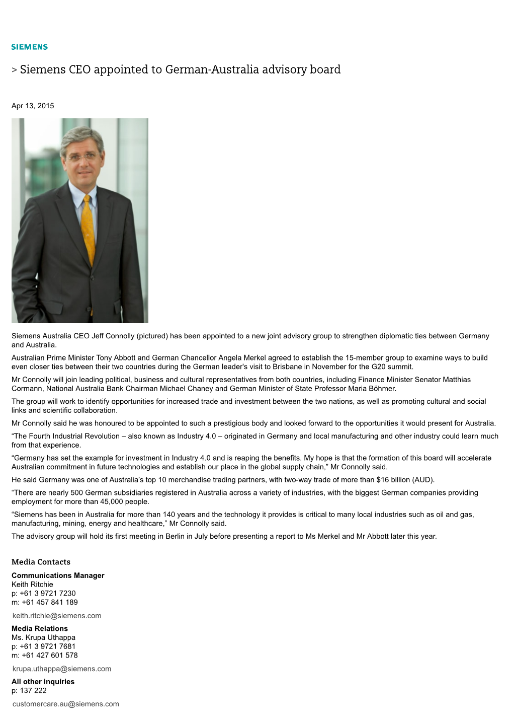 Siemens CEO Appointed to German-Australia Advisory Board