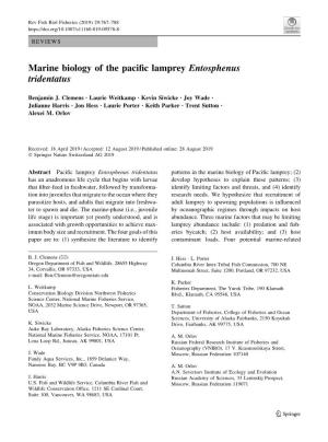 Marine Biology of the Pacific Lamprey Entosphenus Tridentatus
