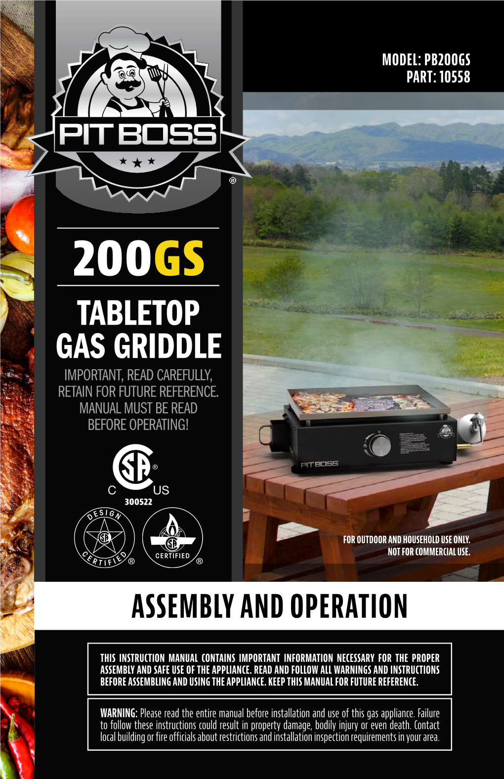 Tabletop Gas Griddle Important, Read Carefully, Retain for Future Reference