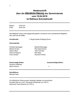 Niederschrift Über Die Öffentliche Sitzung Des Gemeinderats Vom 10.04.2018 Im Rathaus Schneizlreuth