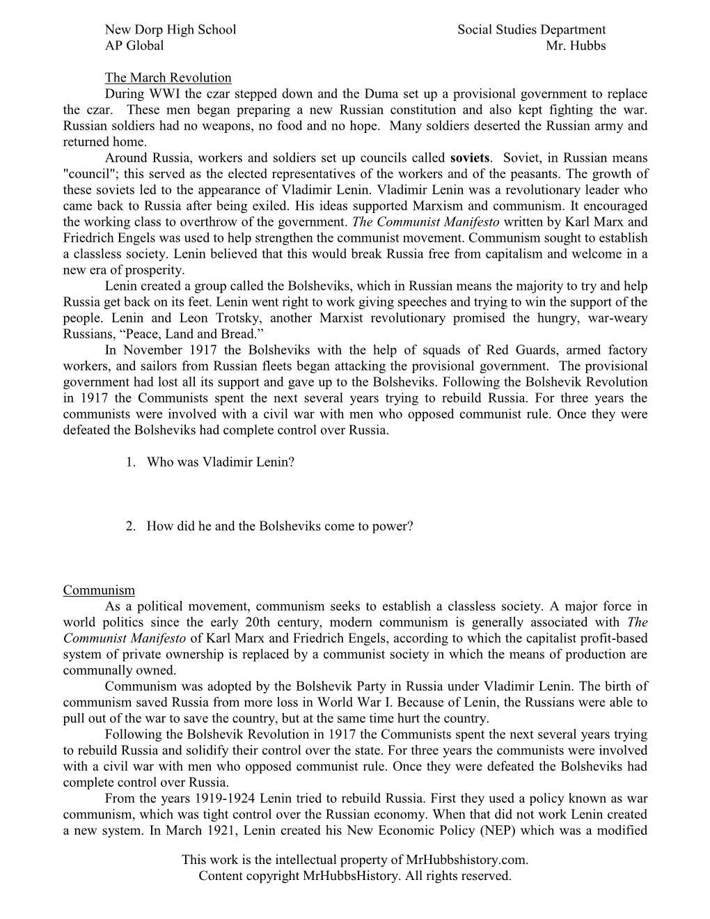 The March Revolution During WWI the Czar Stepped Down and the Duma Set up a Provisional Government to Replace the Czar