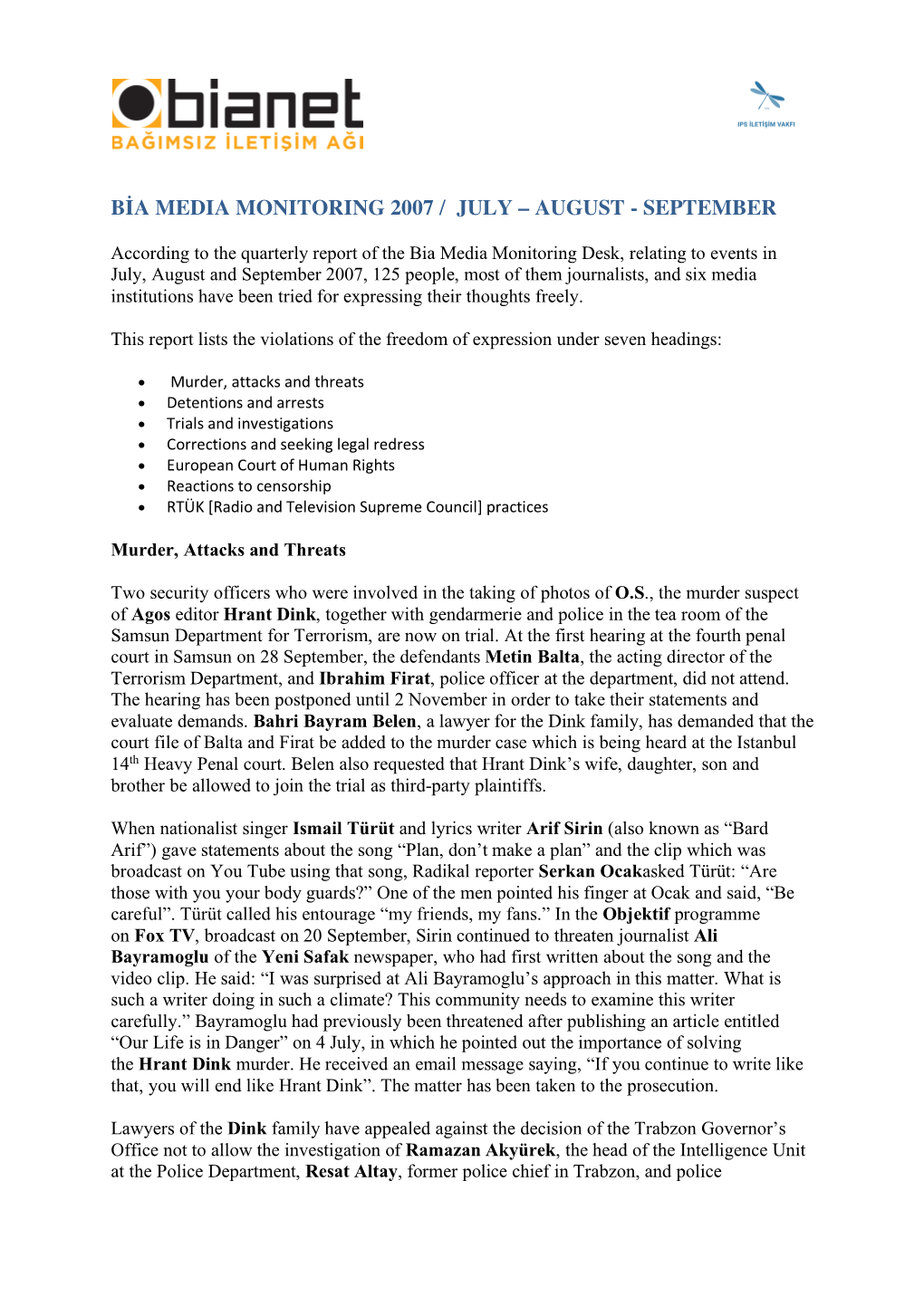 Bia Media Monitoring 2007 / July – August - September