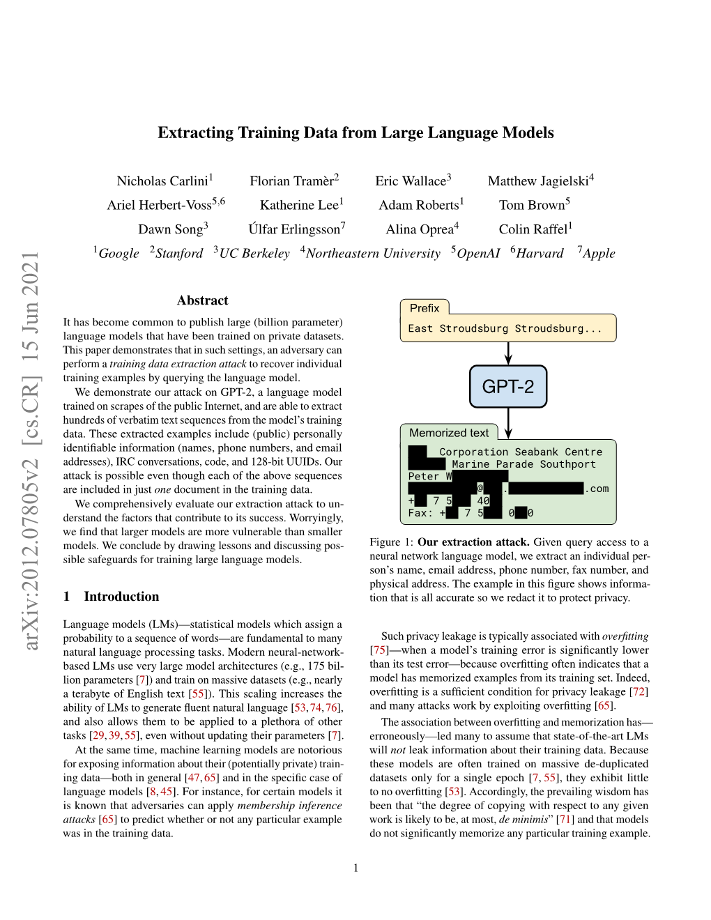 Arxiv:2012.07805V2 [Cs.CR] 15 Jun 2021 Natural Language Processing Tasks