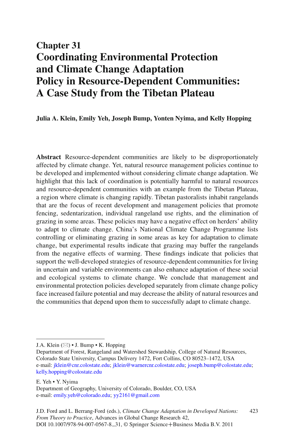 Coordinating Environmental Protection and Climate Change Adaptation Policy in Resource-Dependent Communities: a Case Study from the Tibetan Plateau