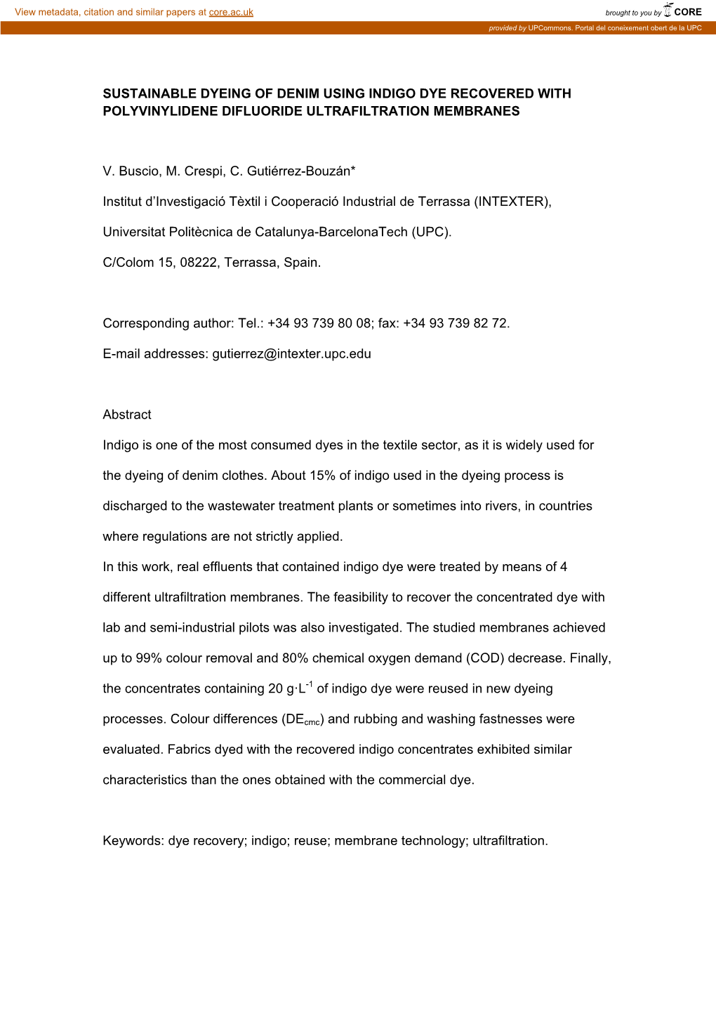 Sustainable Dyeing of Denim Using Indigo Dye Recovered with Polyvinylidene Difluoride Ultrafiltration Membranes