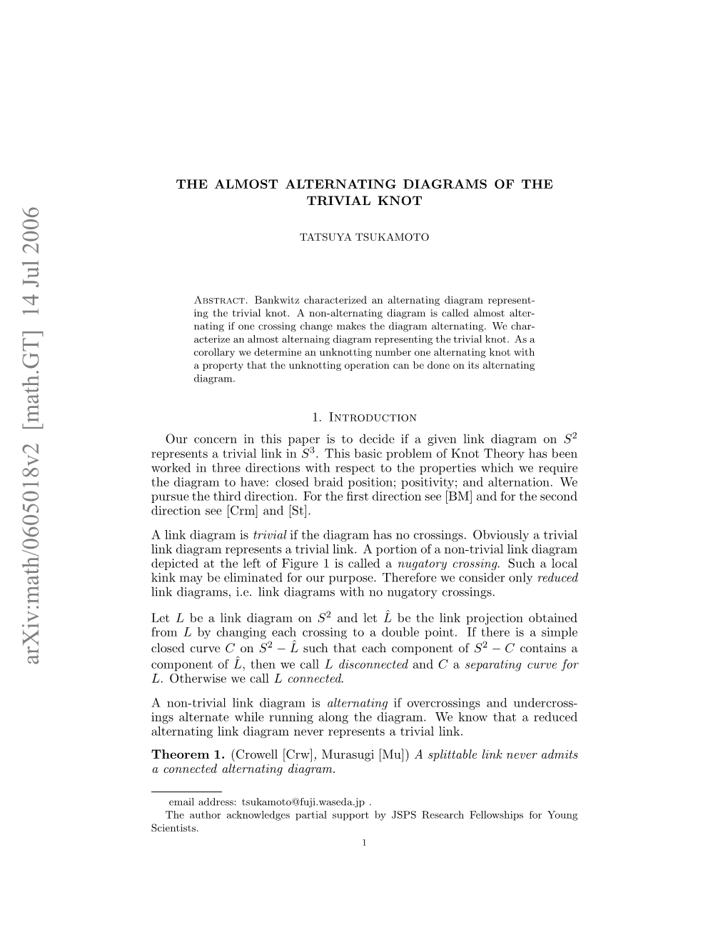 Arxiv:Math/0605018V2 [Math.GT] 14 Jul 2006 Ikdarmis Diagram Link a a [St]