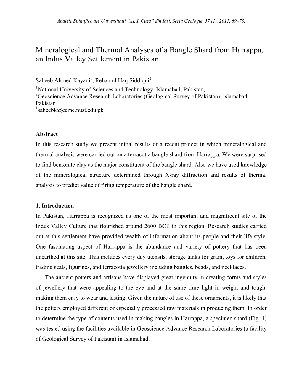 Mineralogical and Thermal Analyses of a Bangle Shard from Harrappa, an Indus Valley Settlement in Pakistan