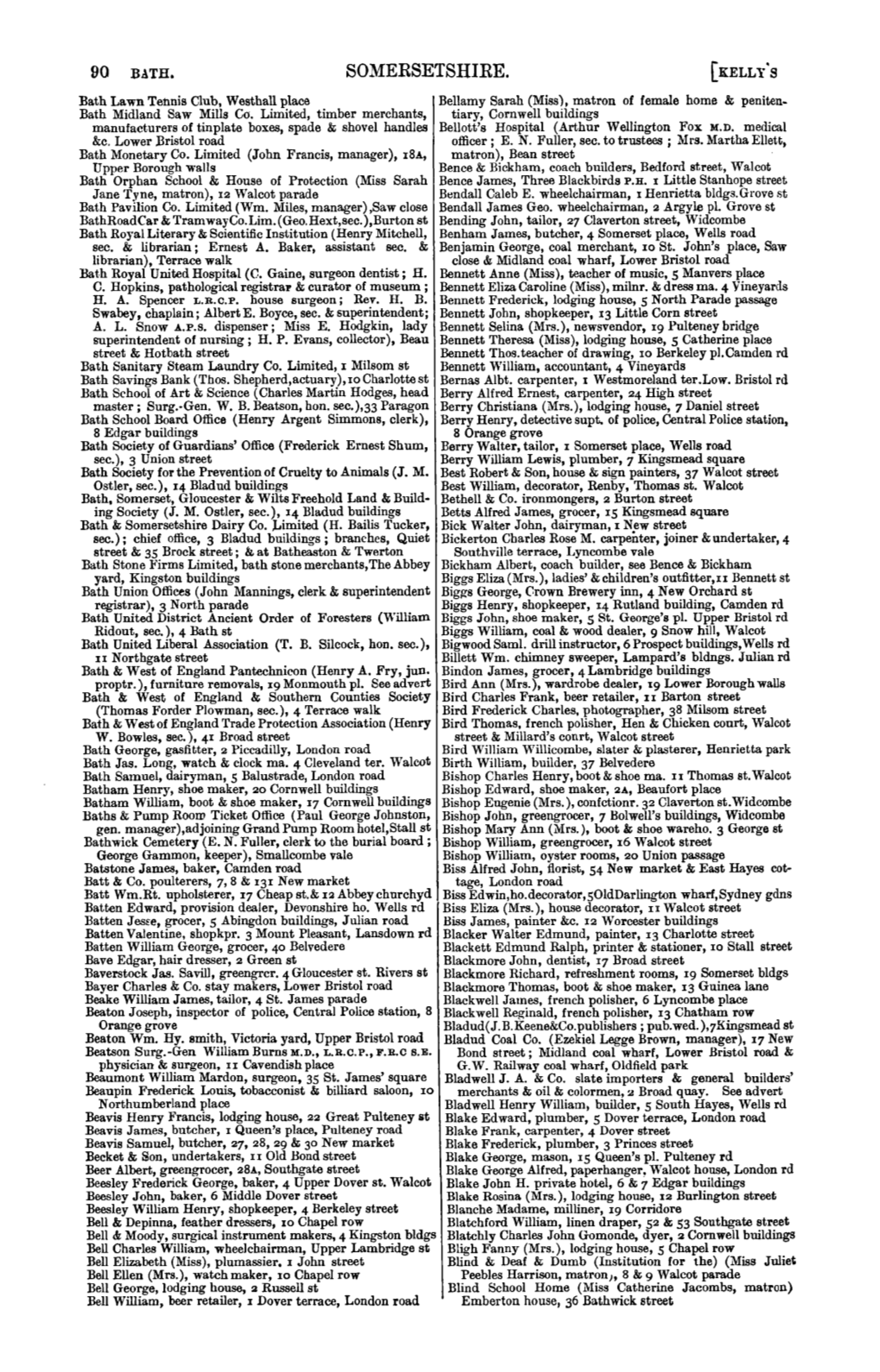 SOMERSETSHIRE. Bath Lawn Tennis Club, Westhall Place Bellamy Sarah (Miss), Matron of Female Home & Peniten­ Bath Midland Saw Mills Co