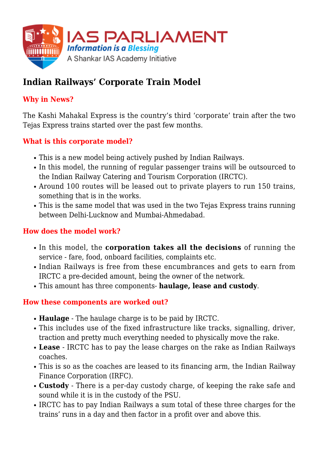 Indian Railways' Corporate Train Model