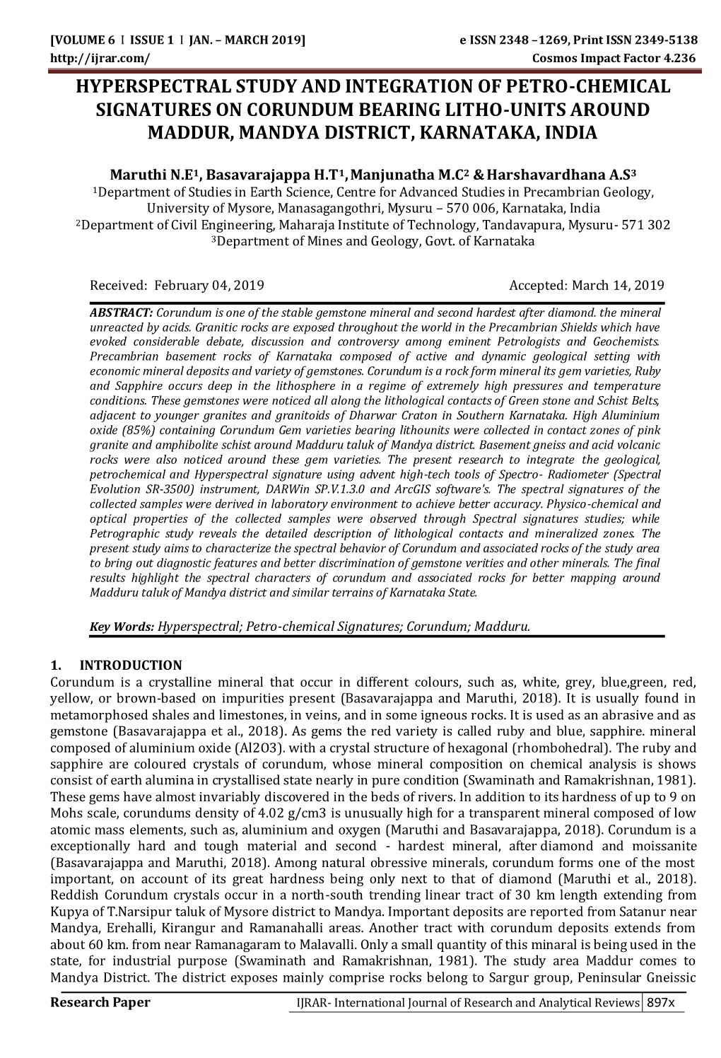 Hyperspectral Study and Integration of Petro-Chemical Signatures on Corundum Bearing Litho-Units Around Maddur, Mandya District, Karnataka, India