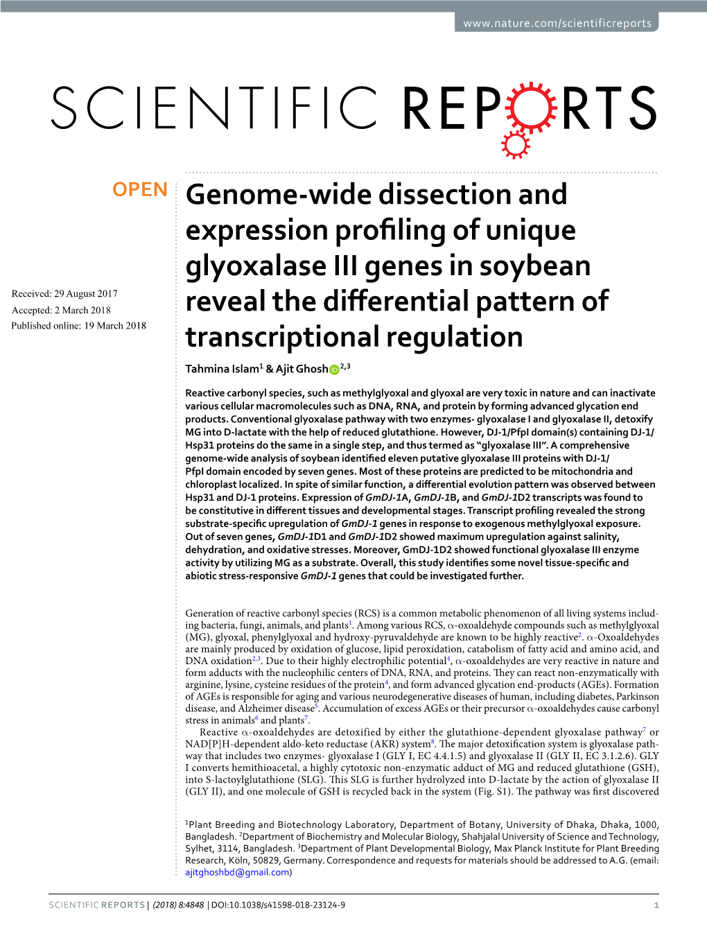 Genome-Wide Dissection and Expression Profiling of Unique Glyoxalase III Genes in Soybean Reveal the Differential Pattern Of