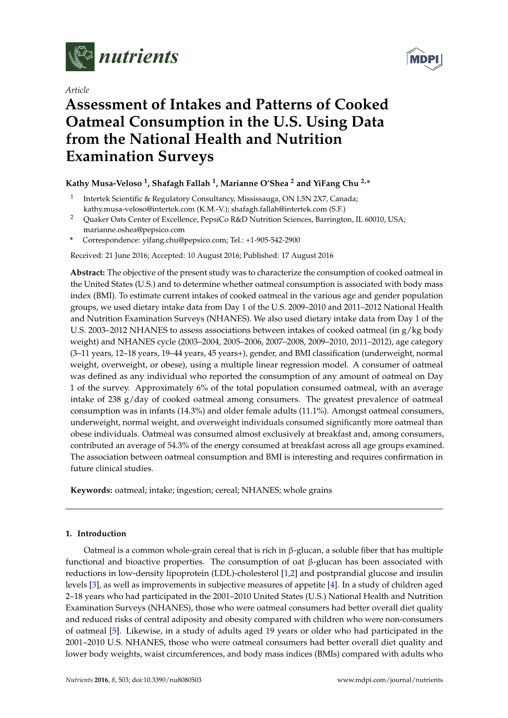 Assessment of Intakes and Patterns of Cooked Oatmeal Consumption in the U.S