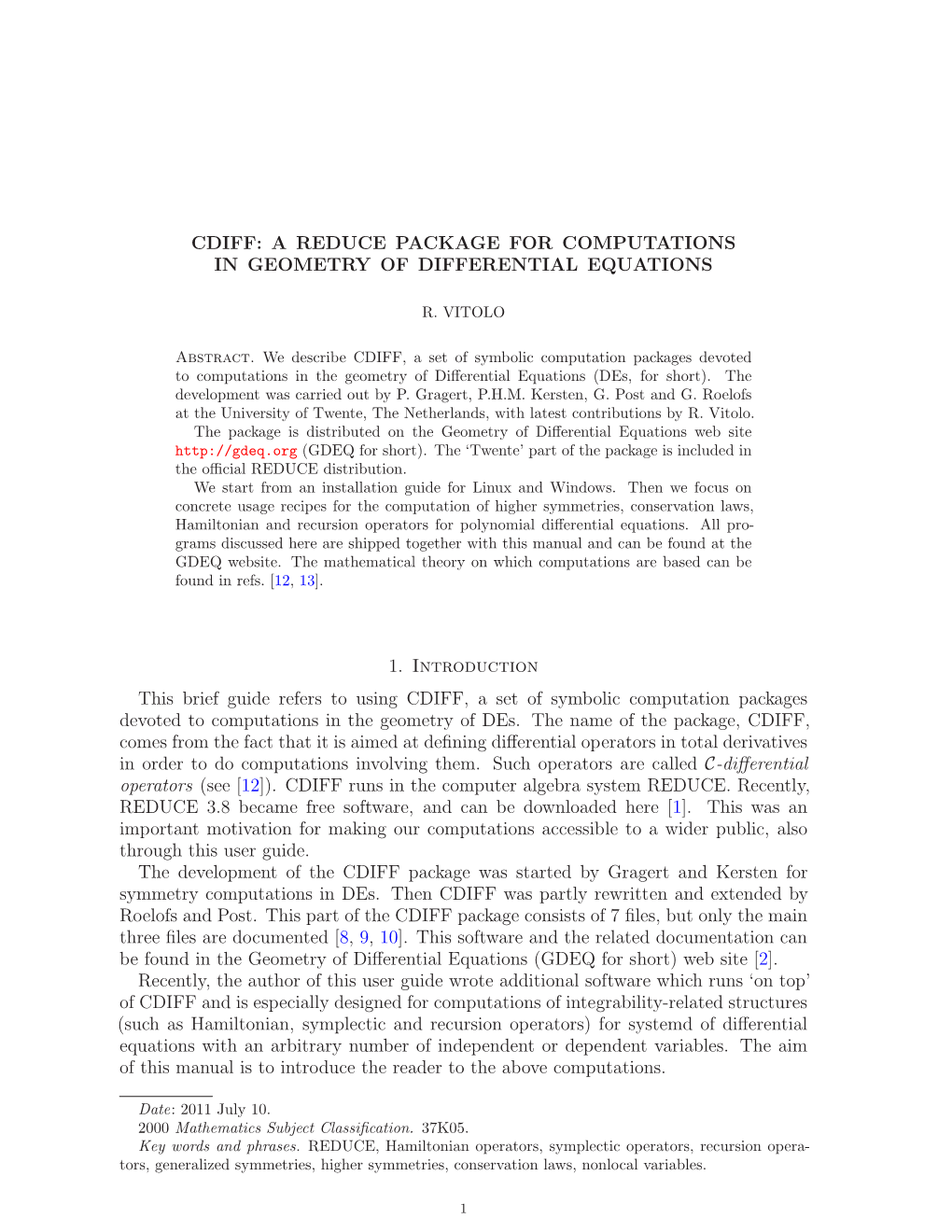 Cdiff: a Reduce Package for Computations in Geometry of Differential Equations