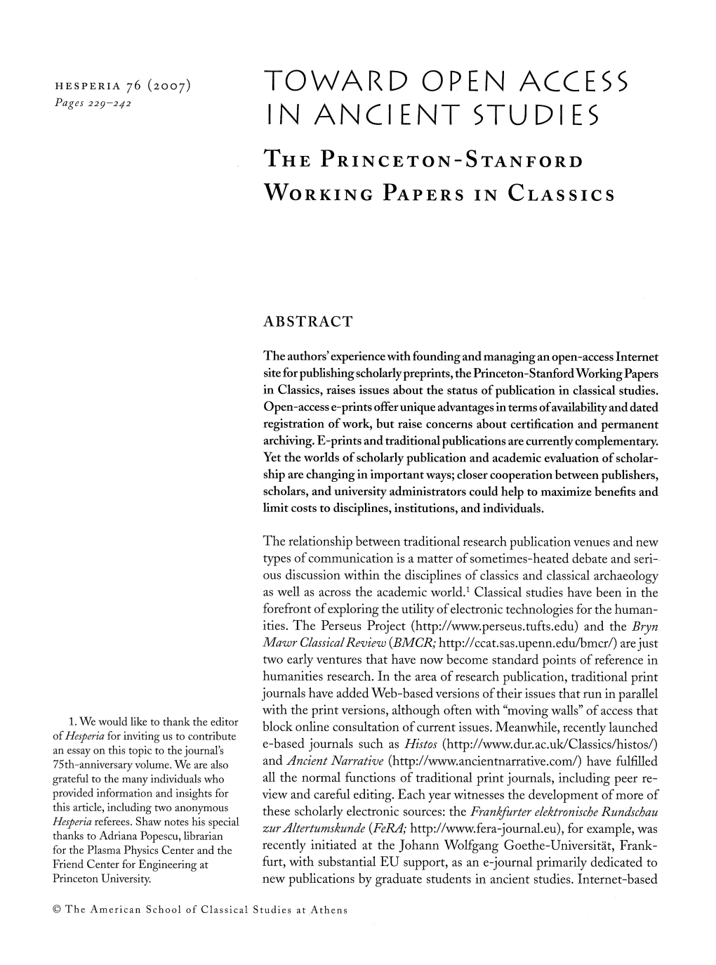 Toward Open Access in Ancient Studies: the Princeton-Stanford