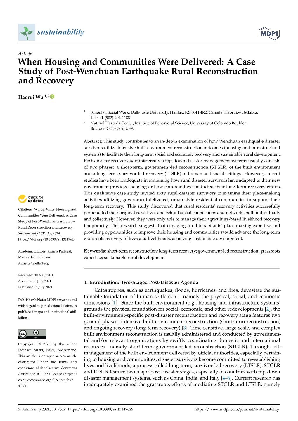 A Case Study of Post-Wenchuan Earthquake Rural Reconstruction and Recovery