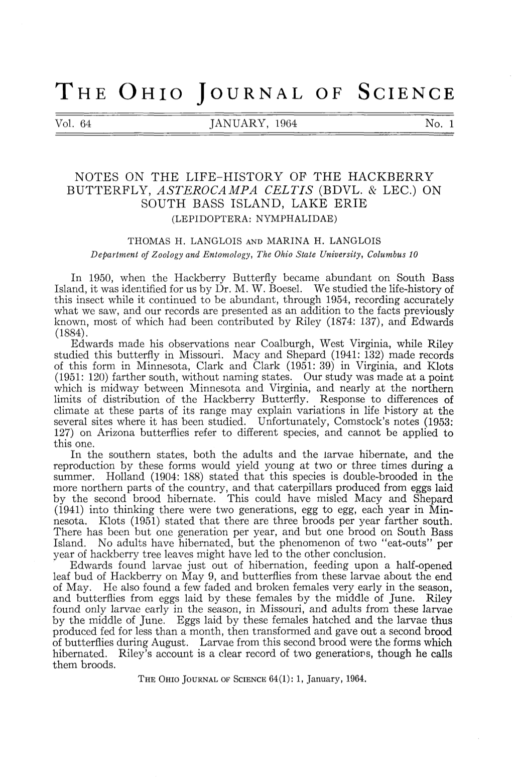 Notes on the Life-History of the Hackberry Butterfly, Asterocampa Celtis (Bdvl