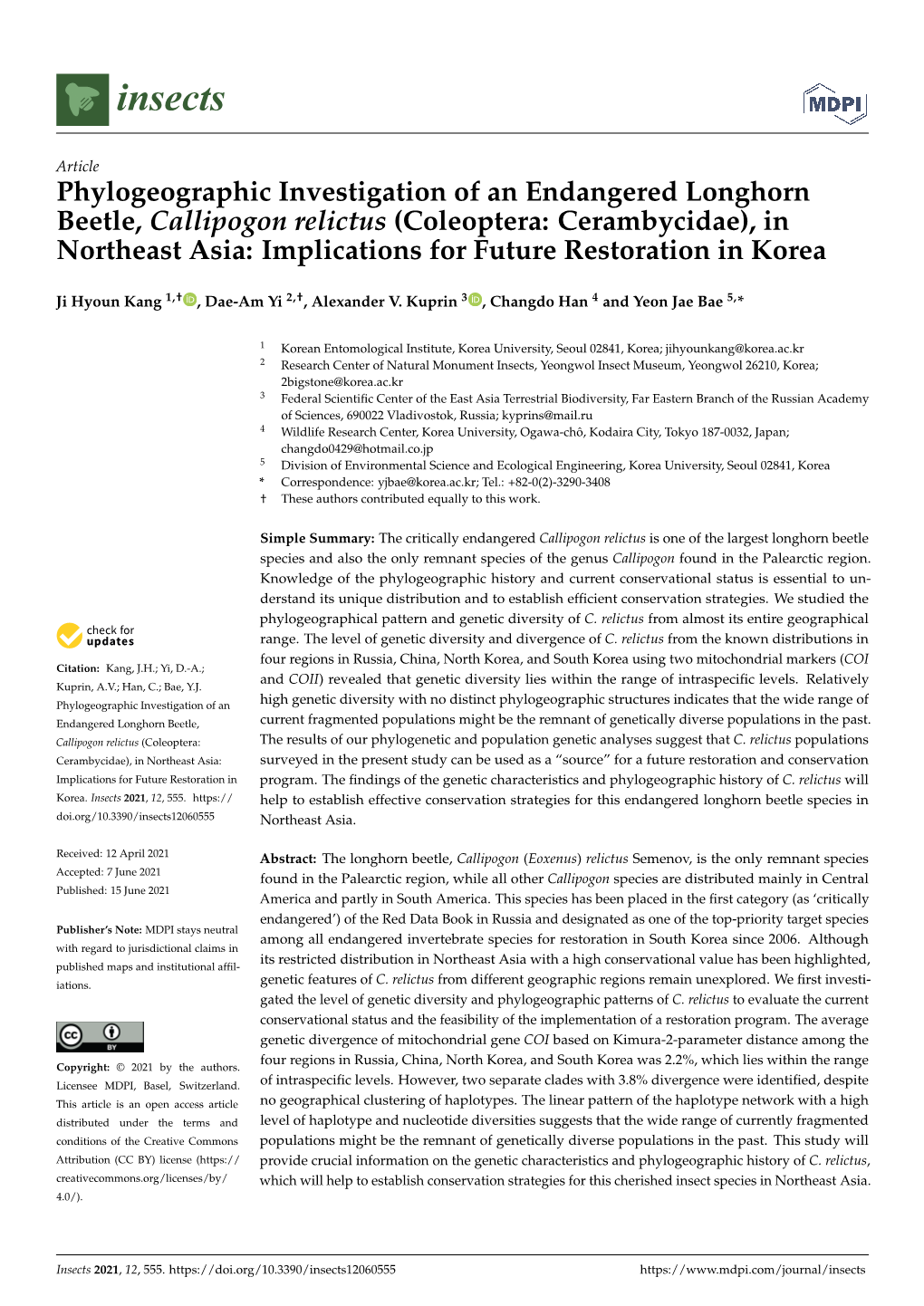 Coleoptera: Cerambycidae), in Northeast Asia: Implications for Future Restoration in Korea