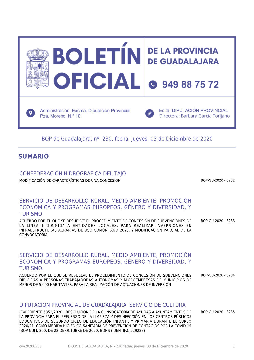 BOP De Guadalajara, Nº. 230, Fecha: Jueves, 03 De Diciembre De 2020