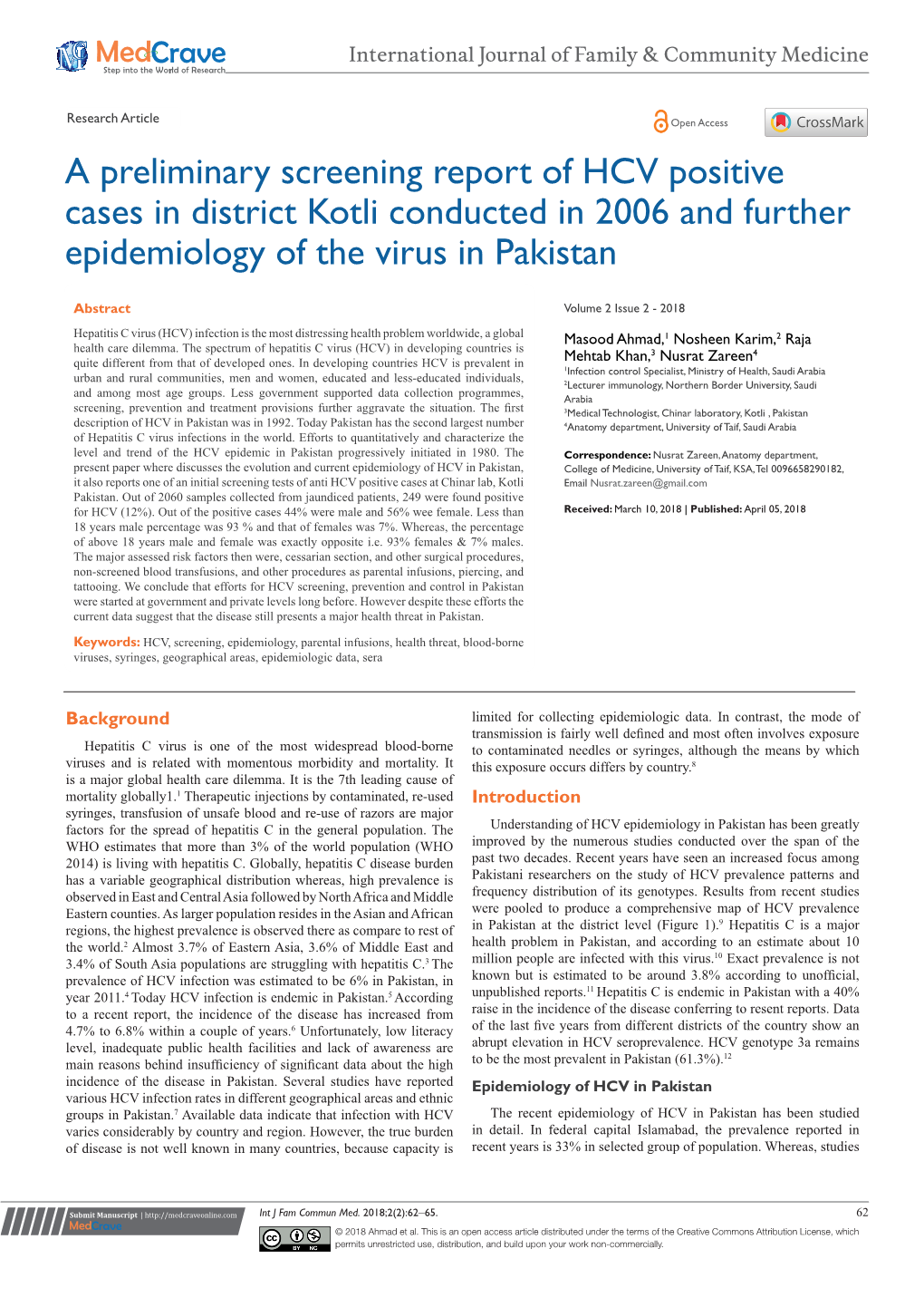 A Preliminary Screening Report of HCV Positive Cases in District Kotli Conducted in 2006 and Further Epidemiology of the Virus in Pakistan