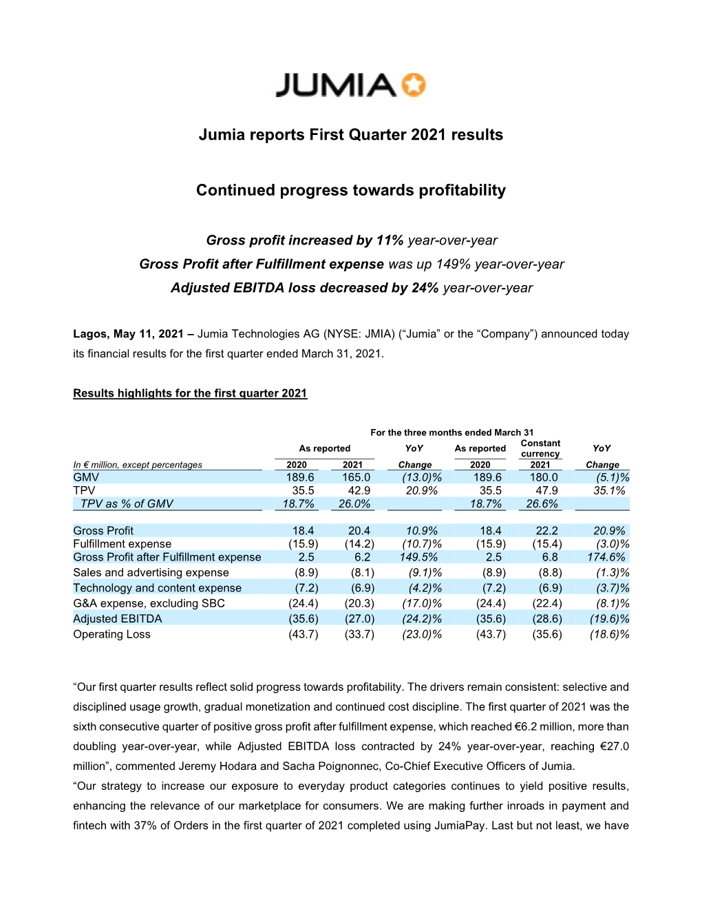 Jumia Reports First Quarter 2021 Results Continued Progress Towards