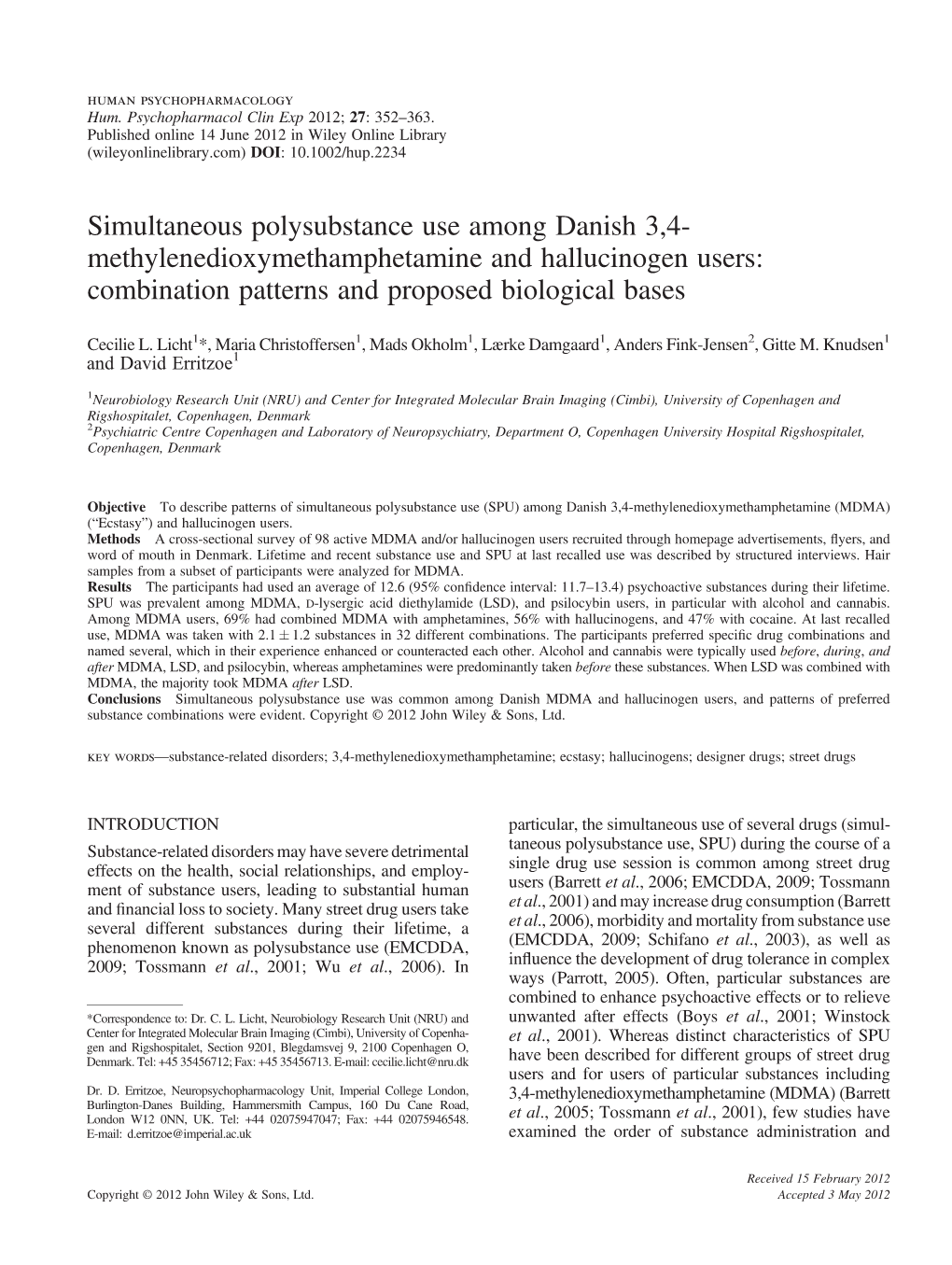 Simultaneous Polysubstance Use Among Danish 3,4Methylenedioxymethamphetamine and Hallucinogen Users: Combination Patterns and Pr