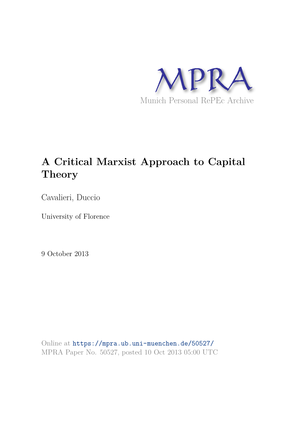 A Critical Marxist Approach to Capital Theory