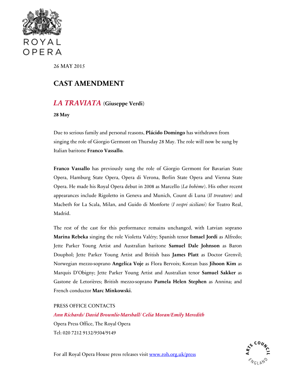 Cast Amendment La Traviata