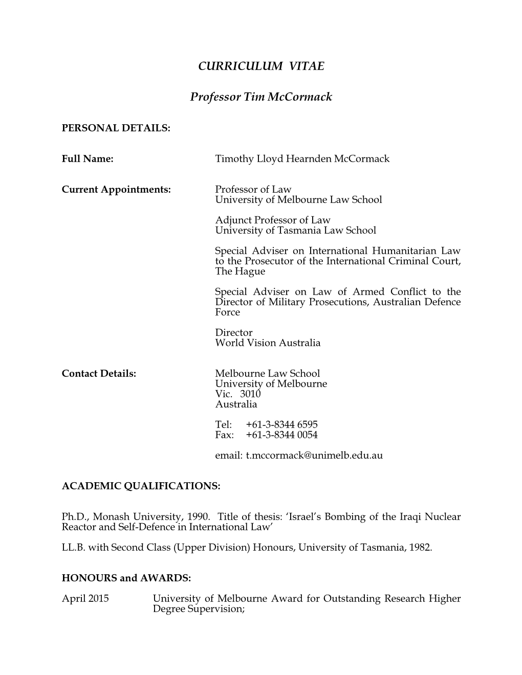 CURRICULUM VITAE Professor Tim Mccormack