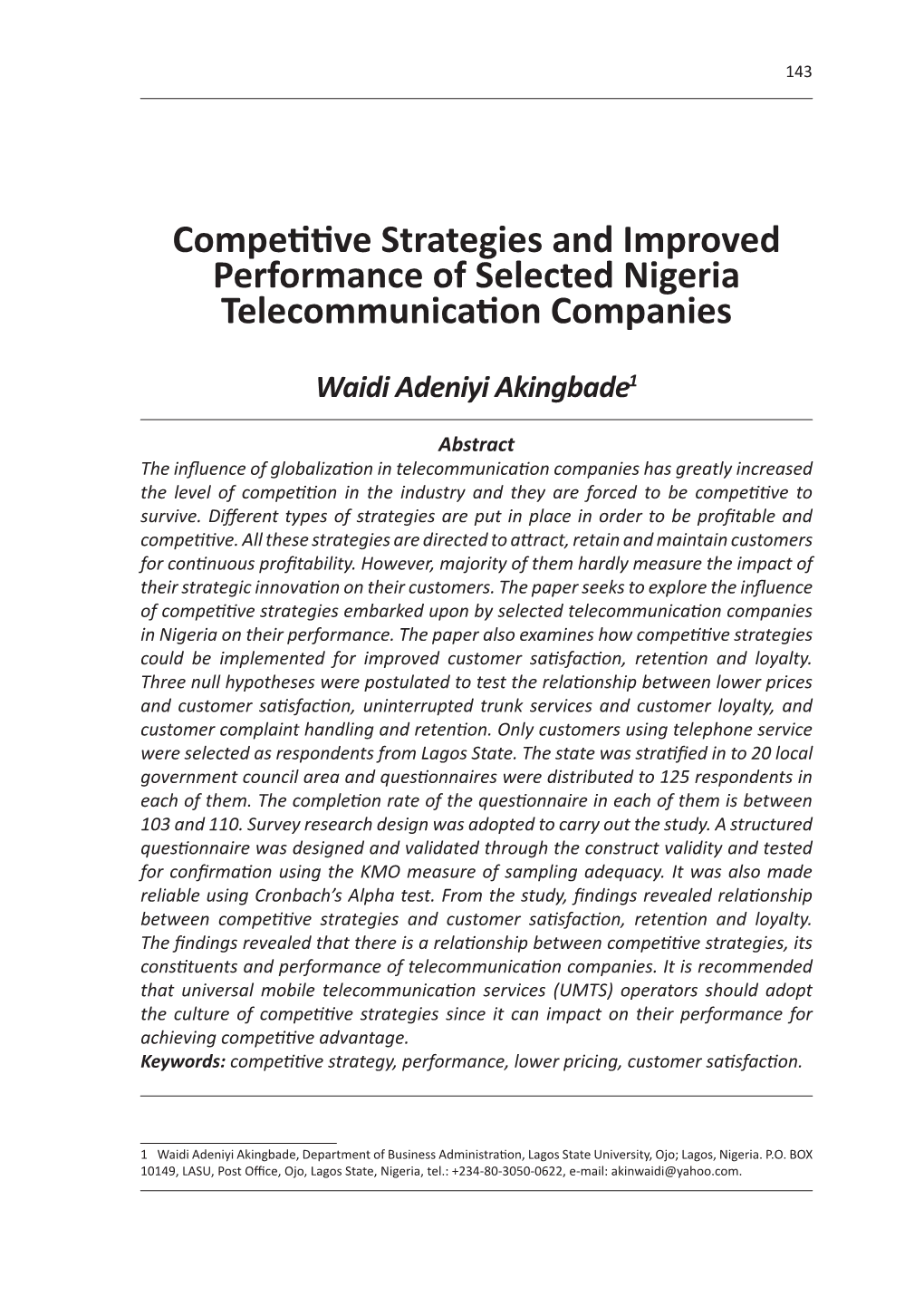 Competitive Strategies and Improved Performance of Selected Nigeria Telecommunication Companies