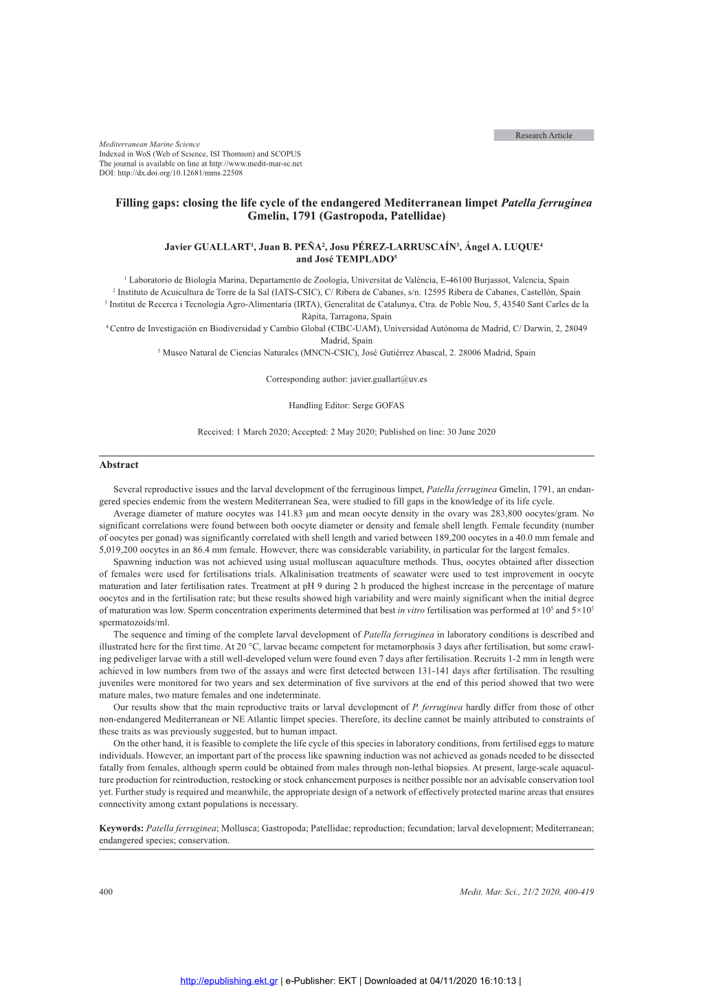 Filling Gaps: Closing the Life Cycle of the Endangered Mediterranean Limpet Patella Ferruginea Gmelin, 1791 (Gastropoda, Patellidae)