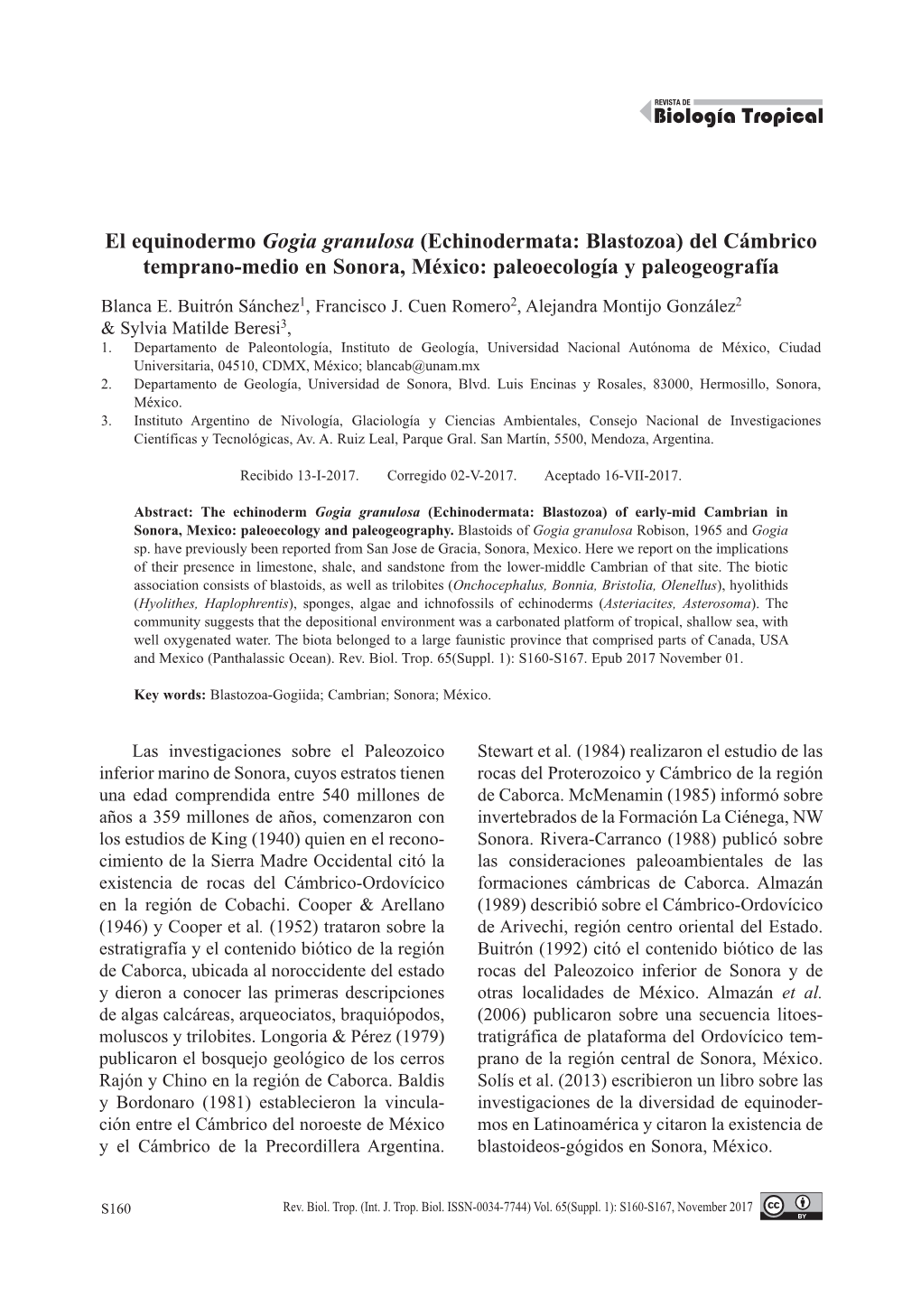 El Equinodermo Gogia Granulosa (Echinodermata: Blastozoa) Del Cámbrico Temprano-Medio En Sonora, México: Paleoecología Y Paleogeografía