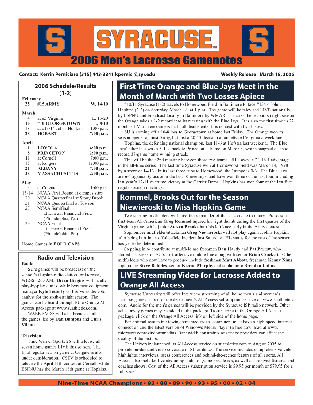 2006 Men's Lacrosse Gamenotes