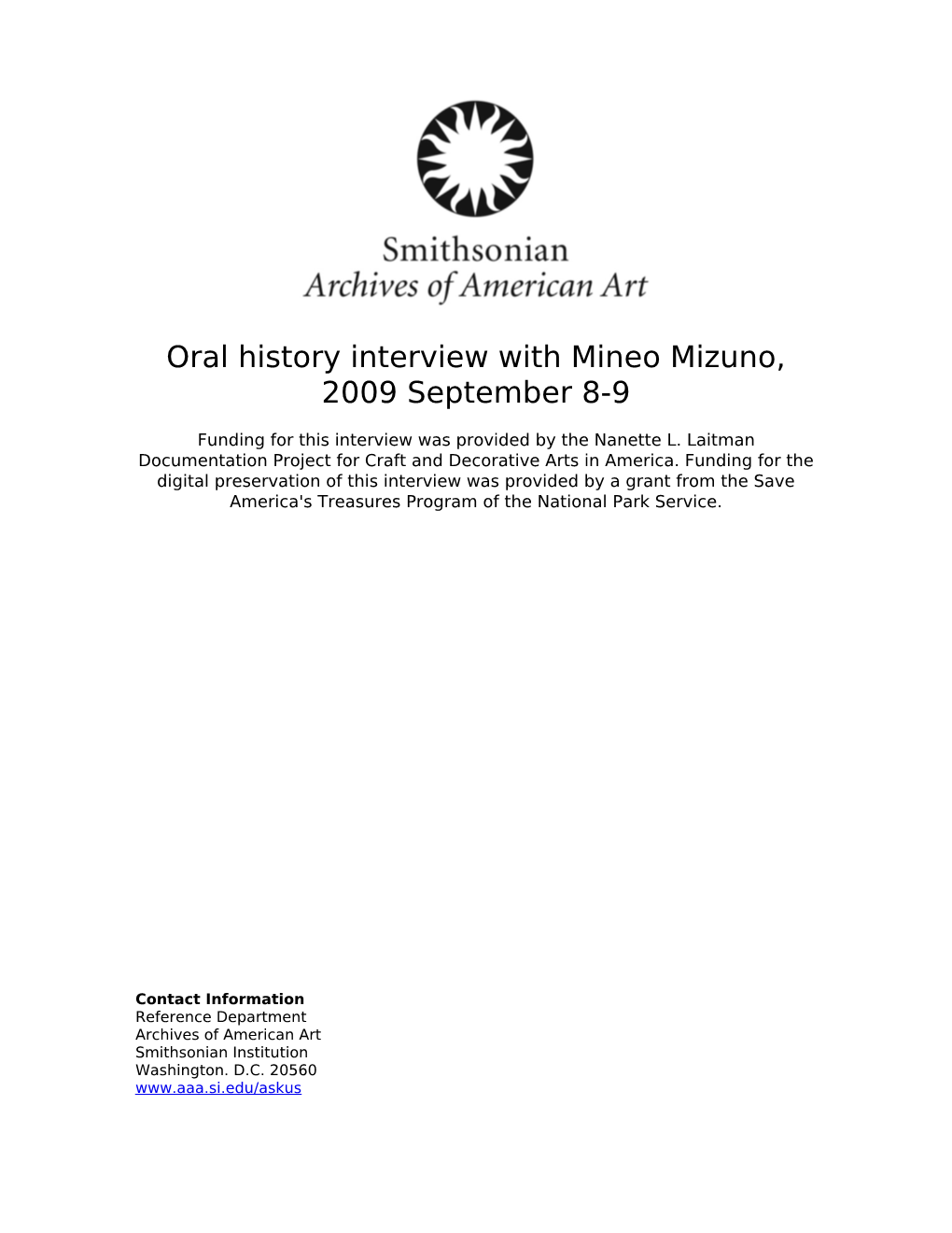 Oral History Interview with Mineo Mizuno, 2009 September 8-9