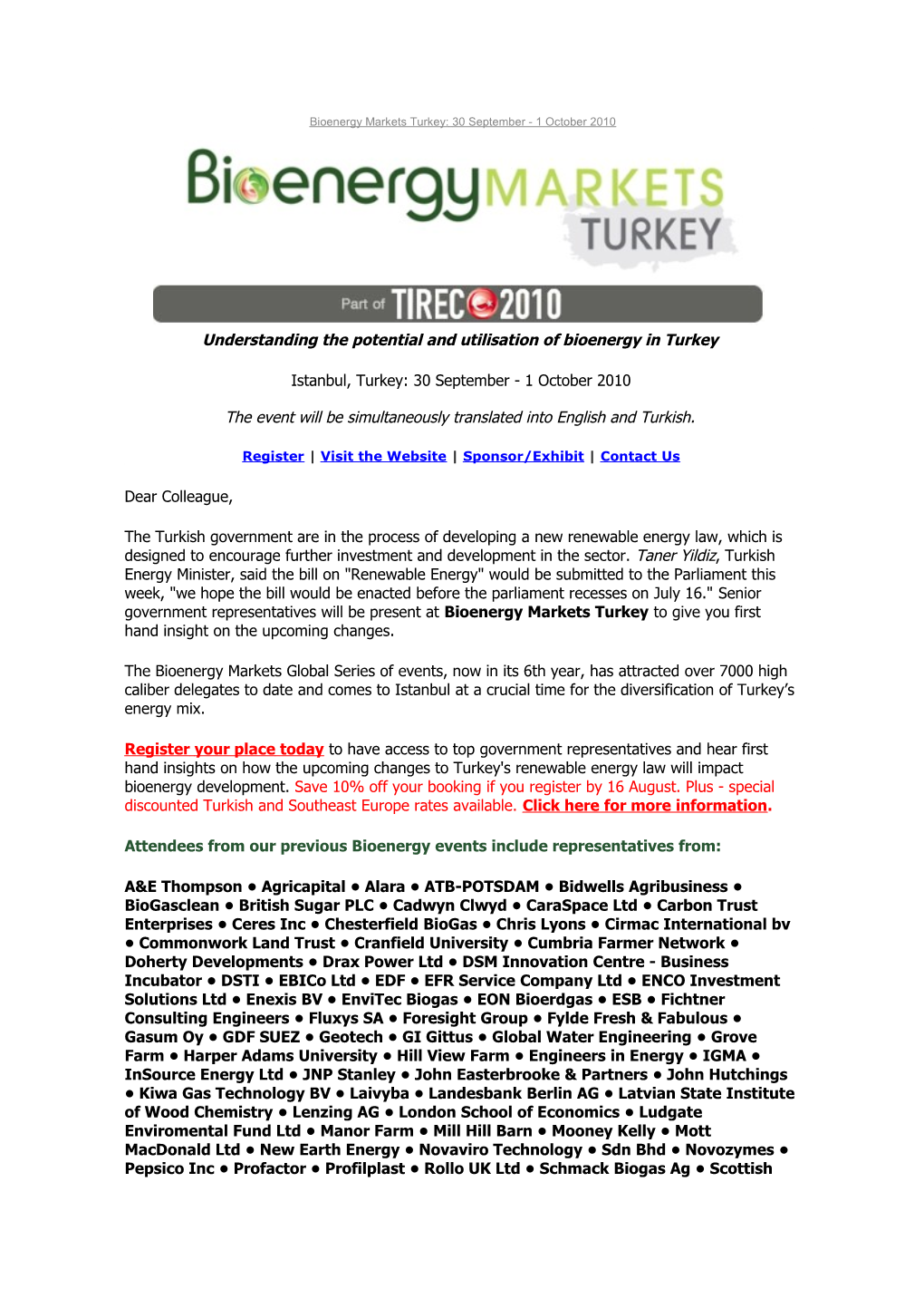Bioenergy Markets Turkey: 30 September - 1 October 2010