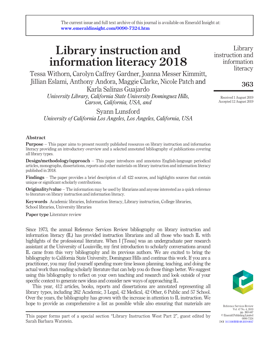 Library Instruction and Information Literacy 2018