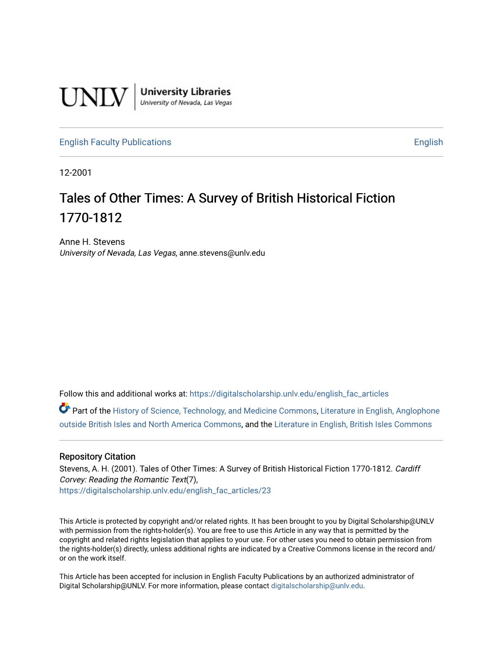 A Survey of British Historical Fiction 1770-1812