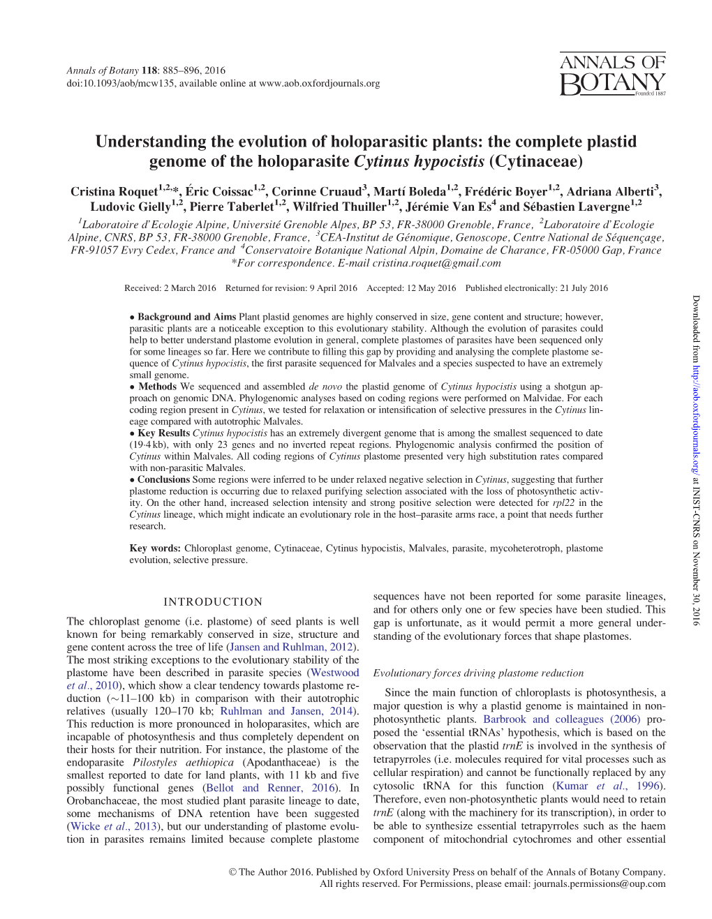 The Complete Plastid Genome of the Holoparasite Cytinus Hypocistis (Cytinaceae)