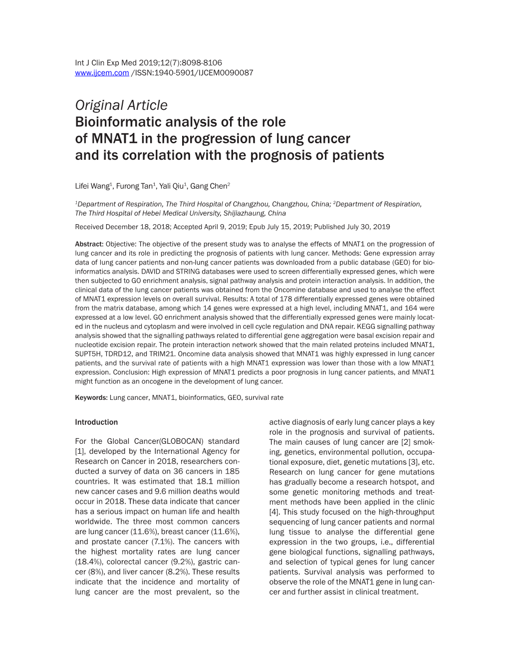 Original Article Bioinformatic Analysis of the Role of MNAT1 in the Progression of Lung Cancer and Its Correlation with the Prognosis of Patients