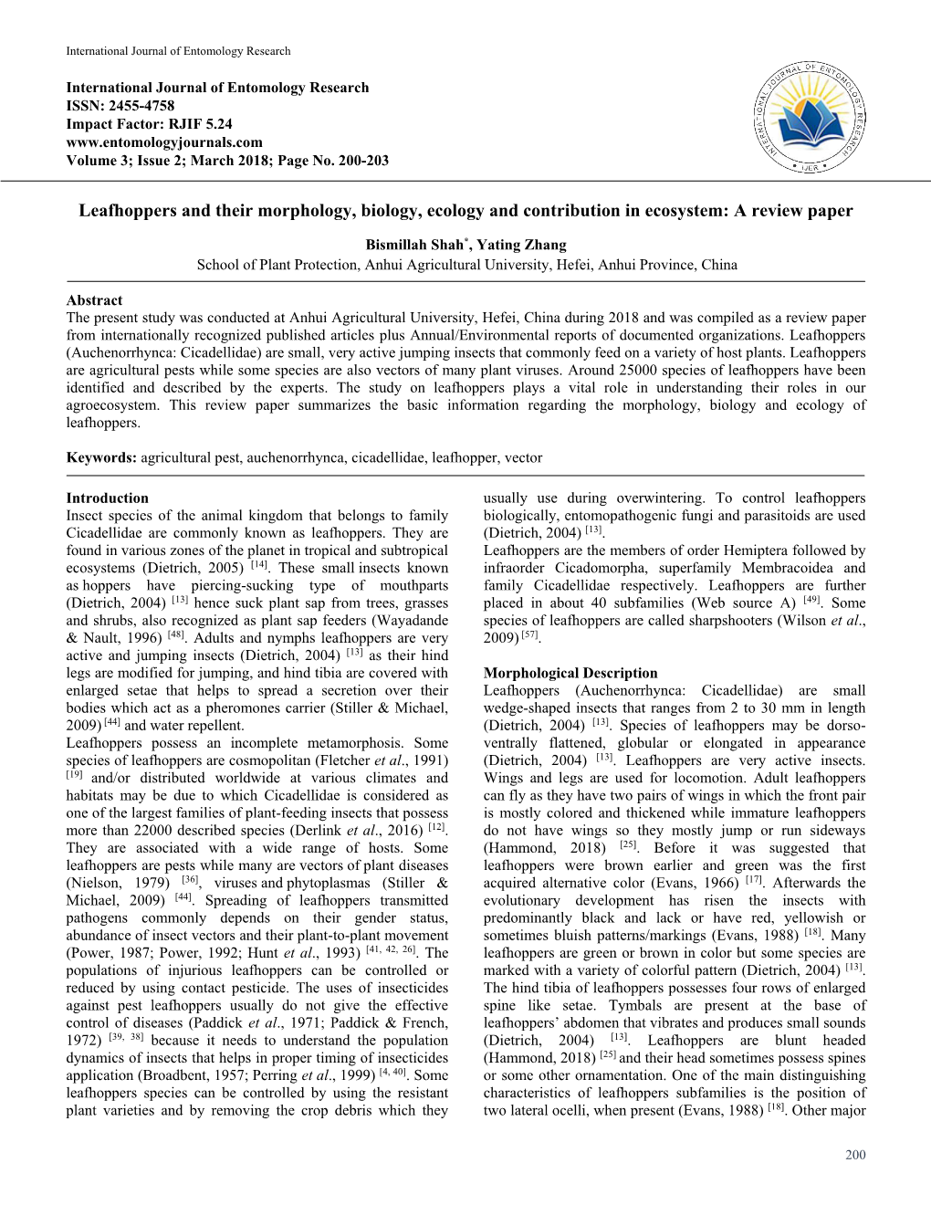 Leafhoppers and Their Morphology, Biology, Ecology and Contribution in Ecosystem: a Review Paper