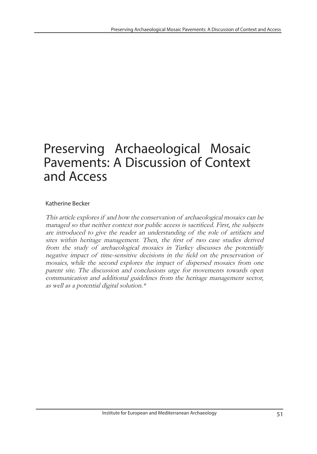 Preserving Archaeological Mosaic Pavements: a Discussion of Context and Access