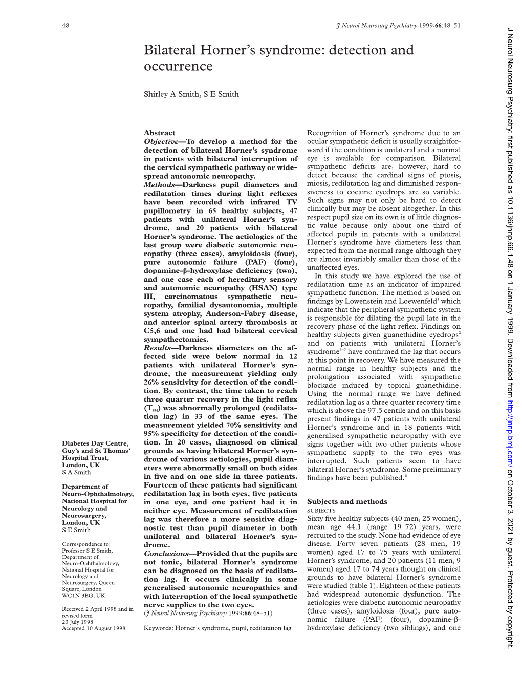 Bilateral Horner's Syndrome: Detection and Occurrence