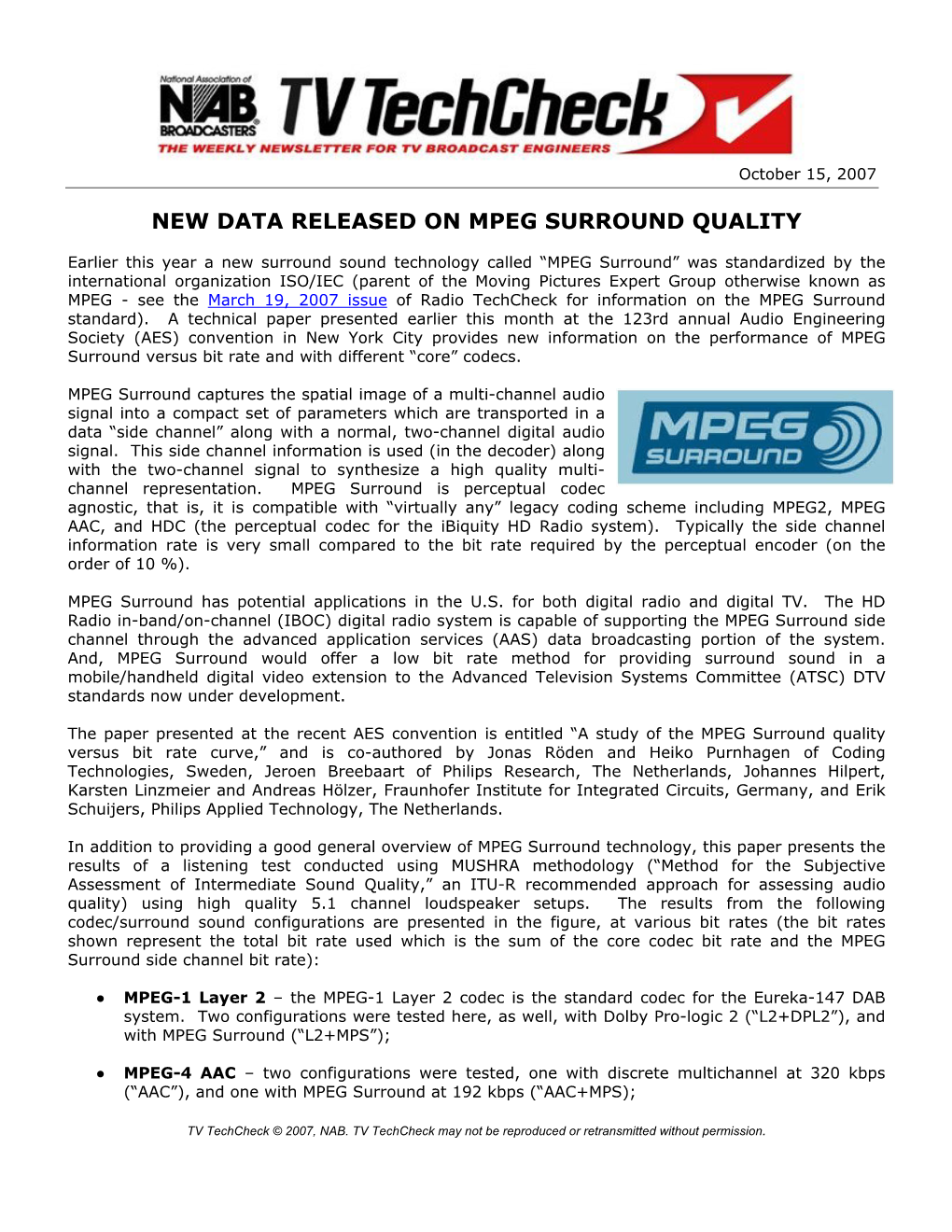 New Data Released on Mpeg Surround Quality
