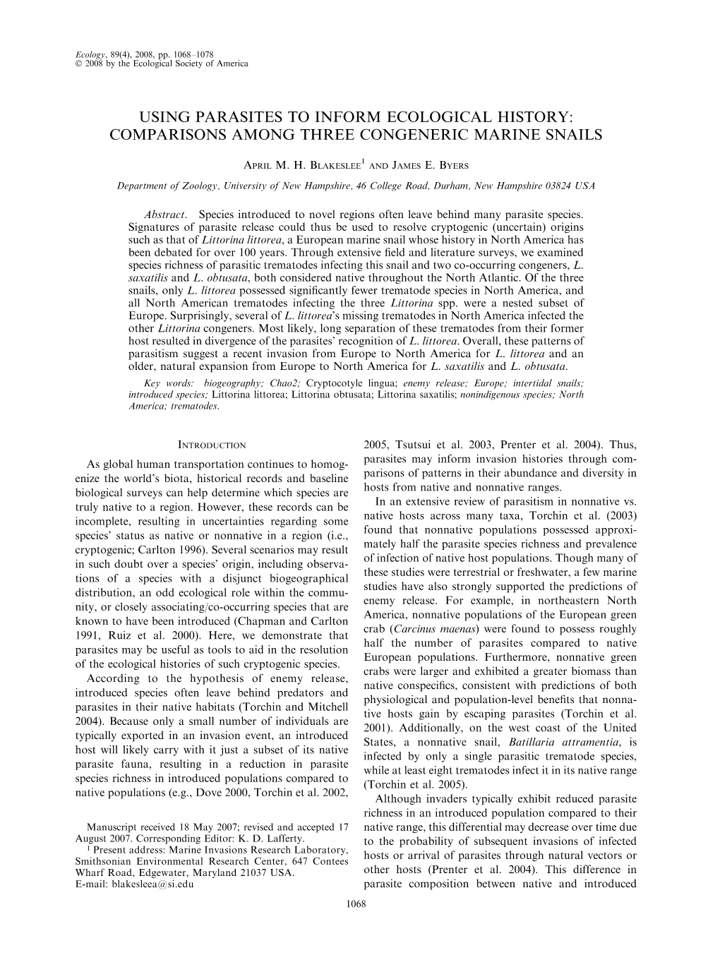 Using Parasites to Inform Ecological History: Comparisons Among Three Congeneric Marine Snails