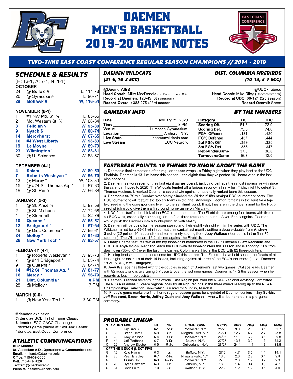 Daemen Men's Basketball 2019-20 Game Notes