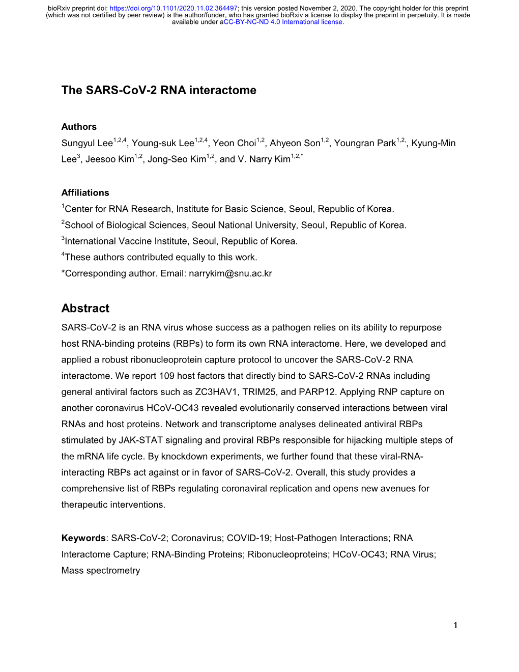 The SARS-Cov-2 RNA Interactome Abstract