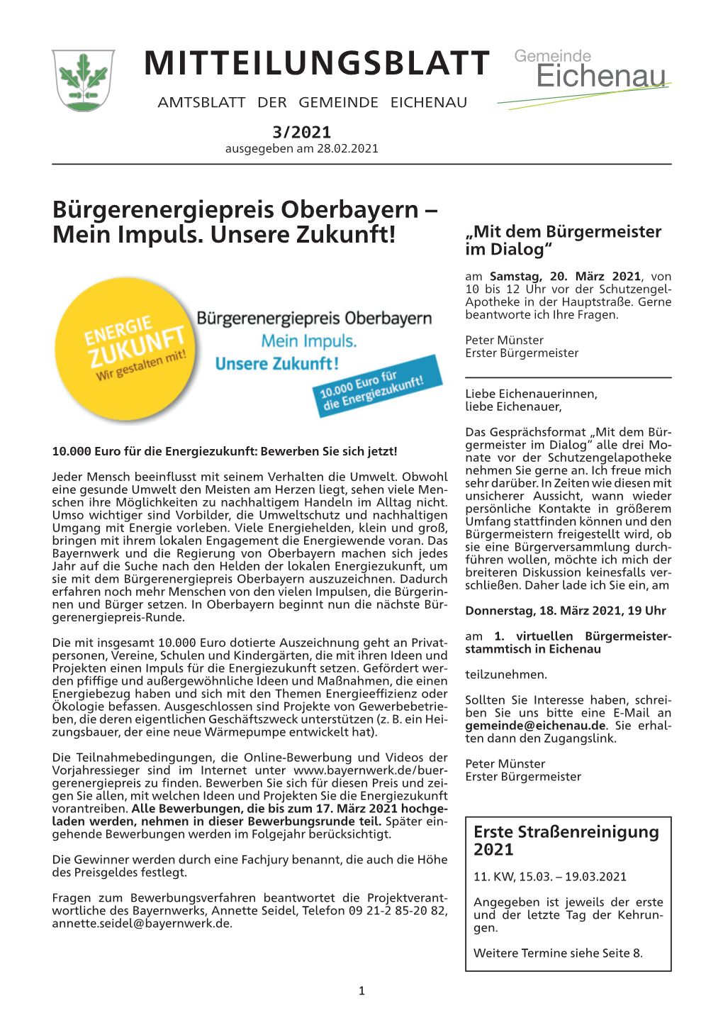 MITTEILUNGSBLATT AMTSBLATT DER GEMEINDE EICHENAU 3/2021 Ausgegeben Am 28.02.2021