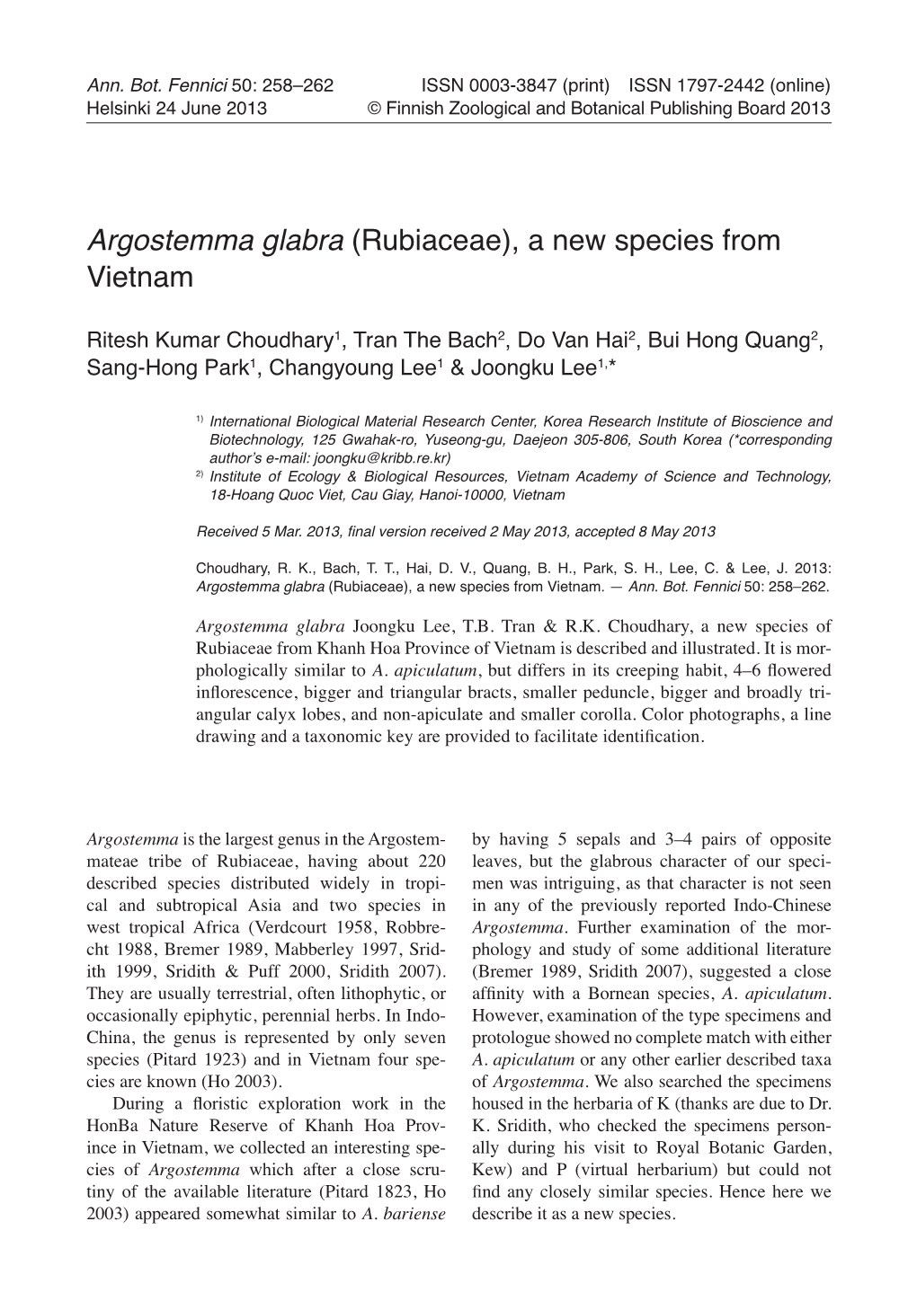 Argostemma Glabra (Rubiaceae), a New Species from Vietnam