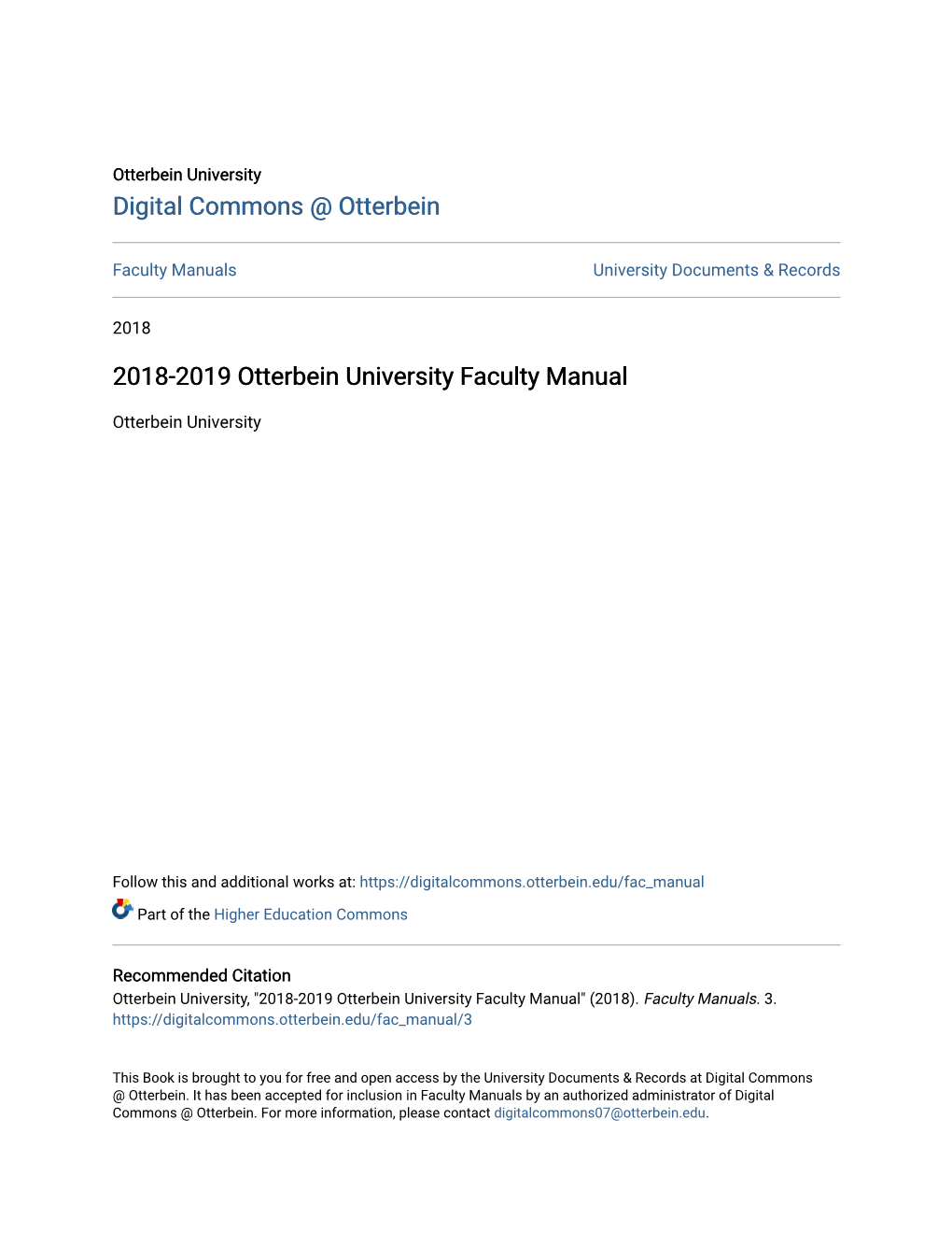 2018-2019 Otterbein University Faculty Manual