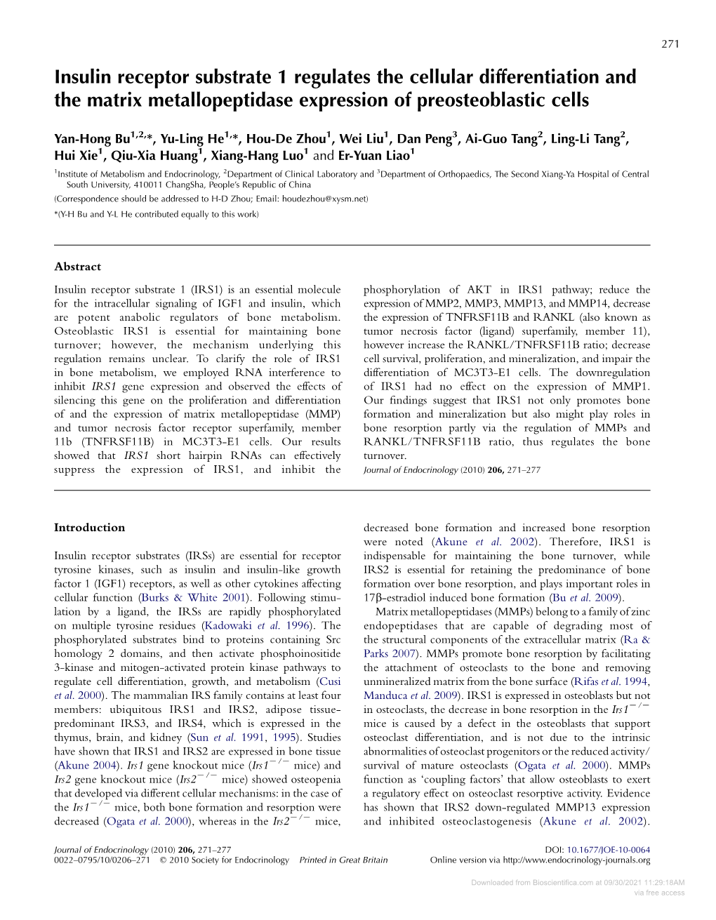 Insulin Receptor Substrate 1 Regulates the Cellular Differentiation and the Matrix Metallopeptidase Expression of Preosteoblastic Cells